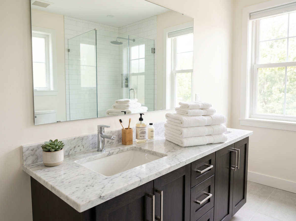 Guest bathroom restocked with folded fresh towels after turnover cleaning