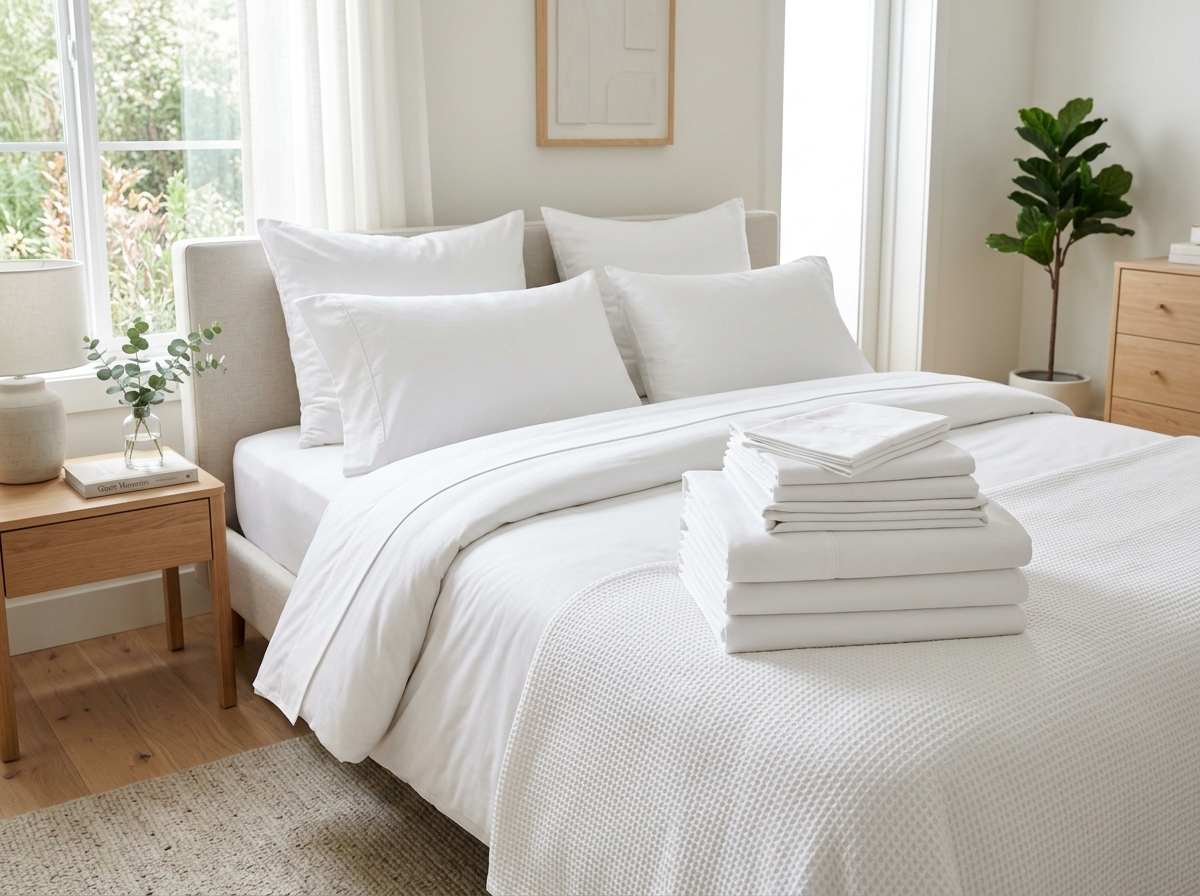 Fresh folded linens staged for a vacation rental turnover