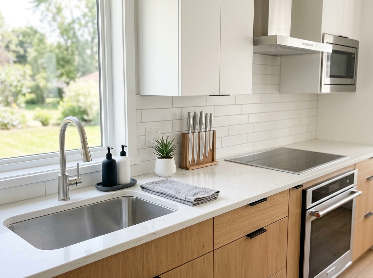 Spotless kitchen counter guest-ready after Airbnb turnover cleaning