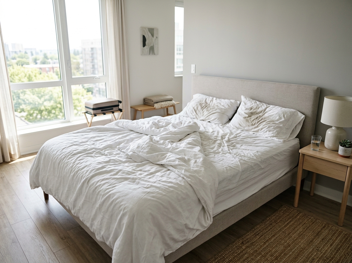 Bed stripped and ready for fresh linens during a San Diego Airbnb turnover